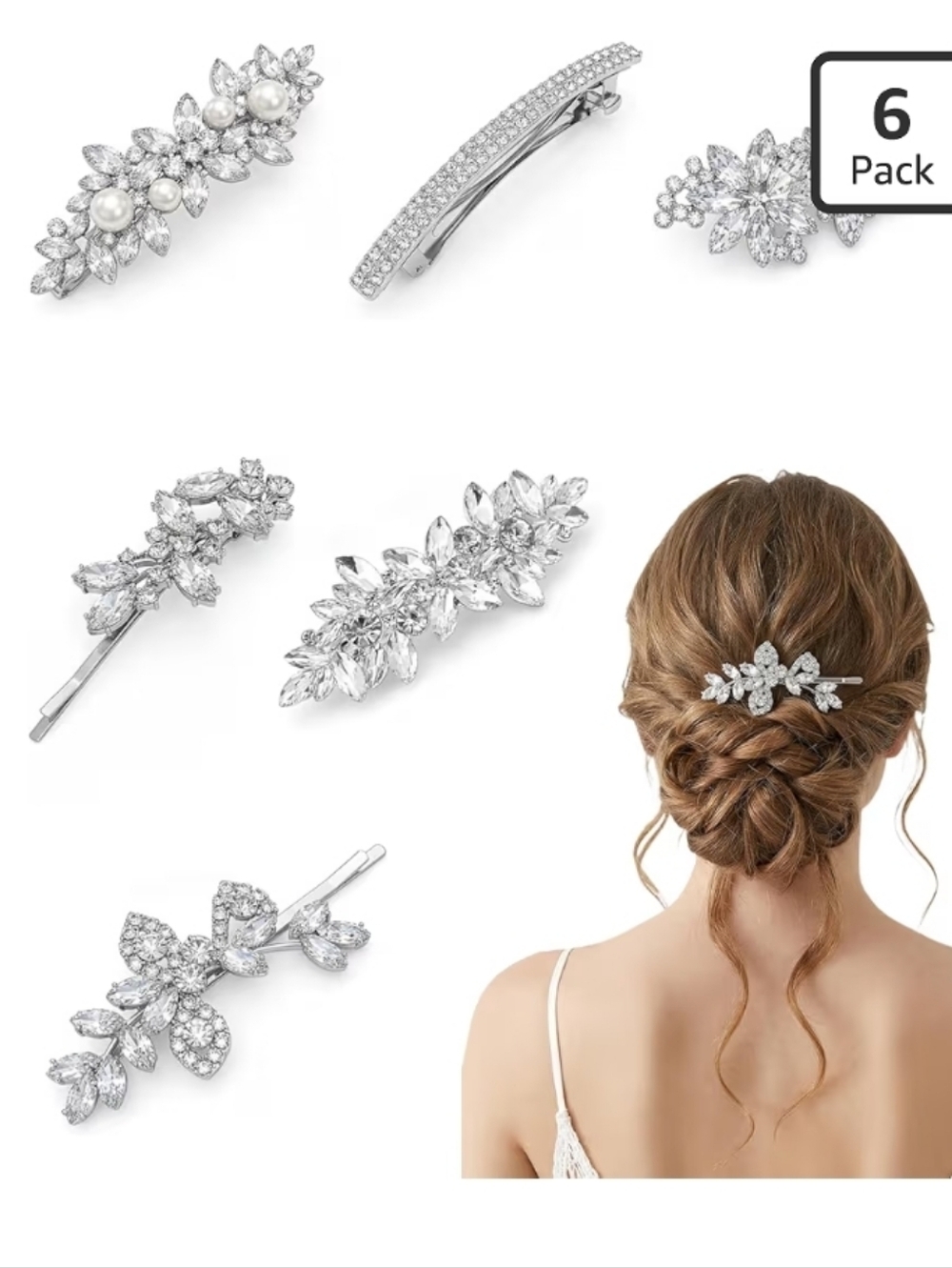 Silver Rhinestone Pearl Hair Clips - 6 Pack
